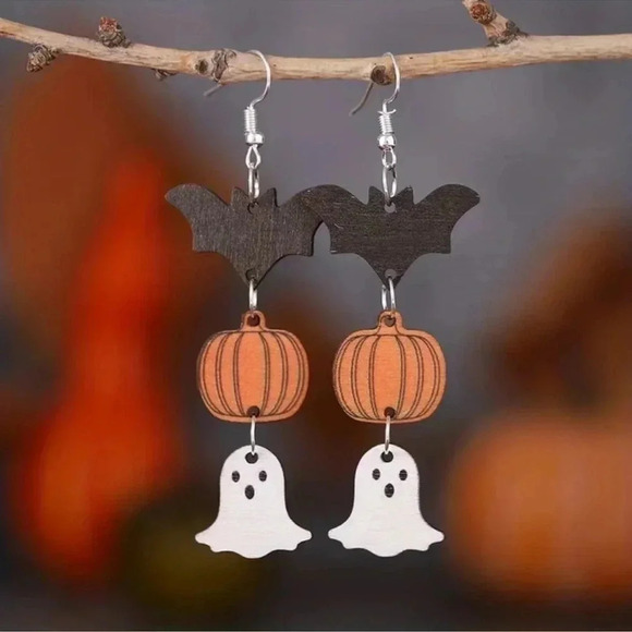 1 LEFT! Halloween Bat, Pumpkin, & Ghost Wood Dangle Earrings - Picture 5 of 6